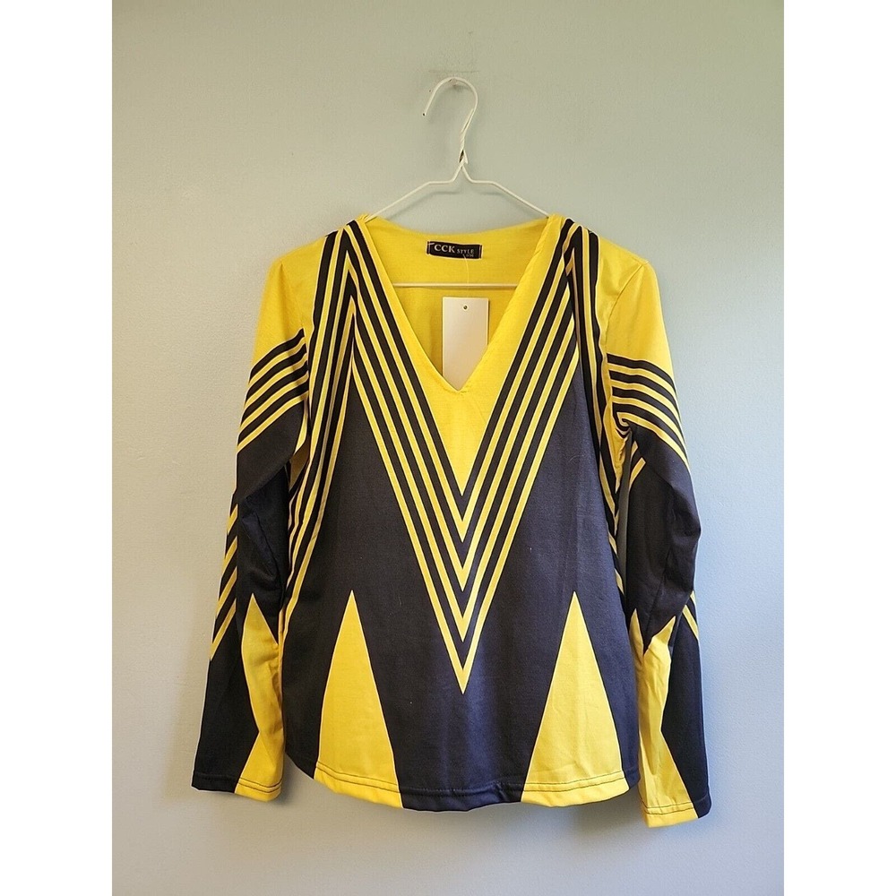 CCK Style Womens Yellow Black Chevron Stripe V-Neck Top Size‎ S 36